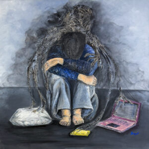 imagen niña bullying escondiendose en el suelo, tapandose la cabeza