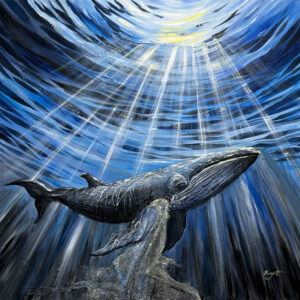 ballena enredada en fondo del mar con red